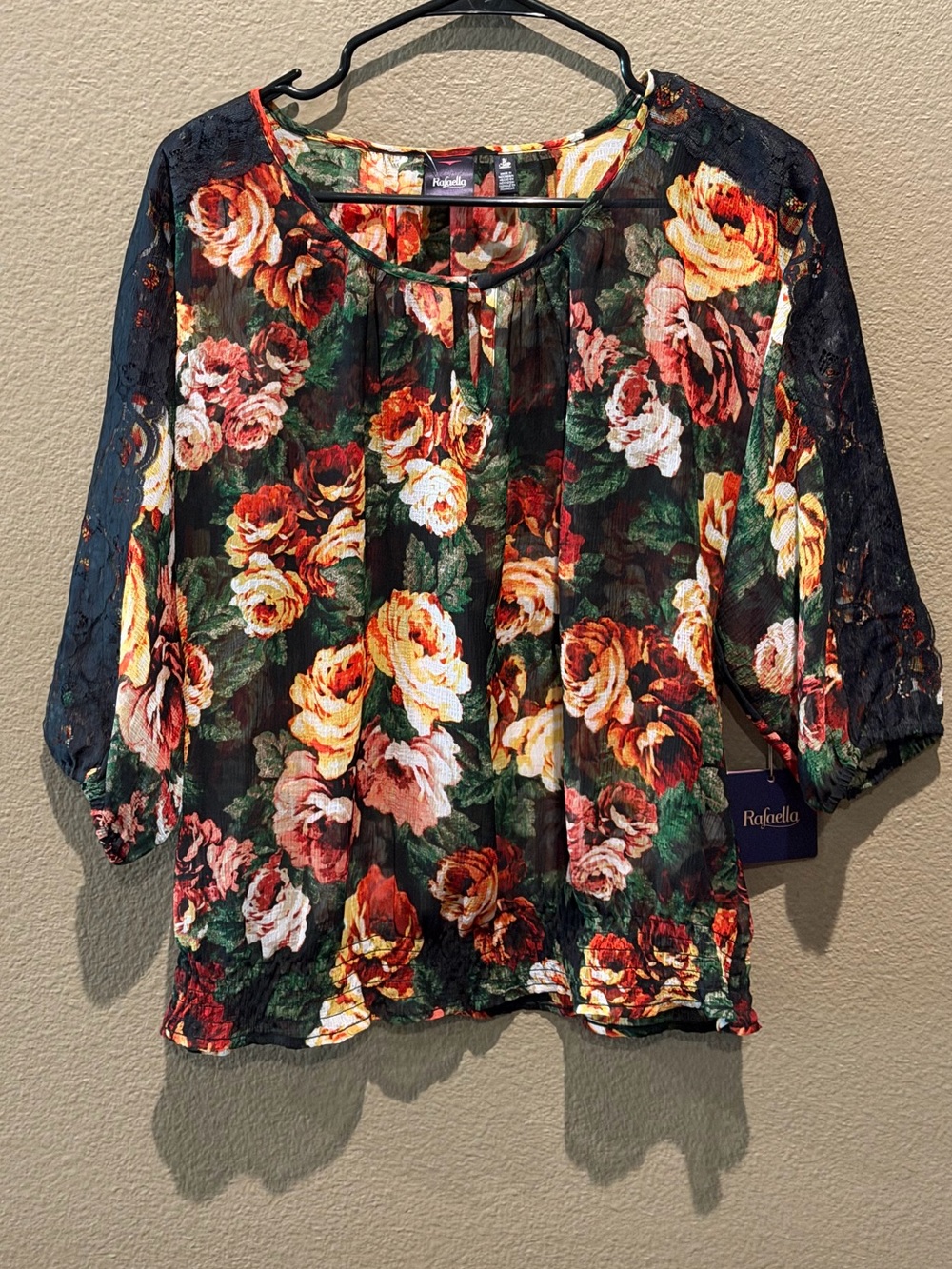 Rafaella Black Floral Tie-Neck Blouse